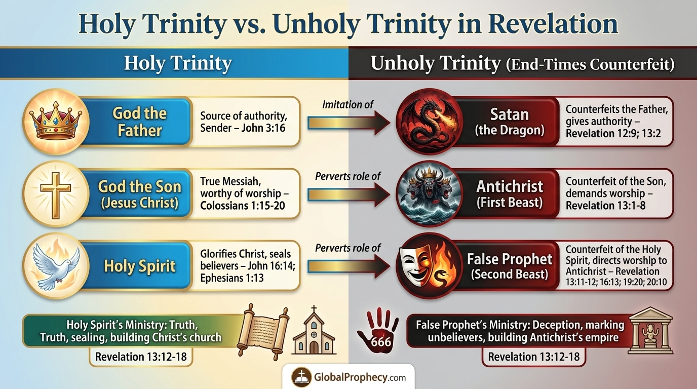 Diagram comparing the Holy Trinity with the unholy trinity of Satan, Antichrist, and False Prophet.