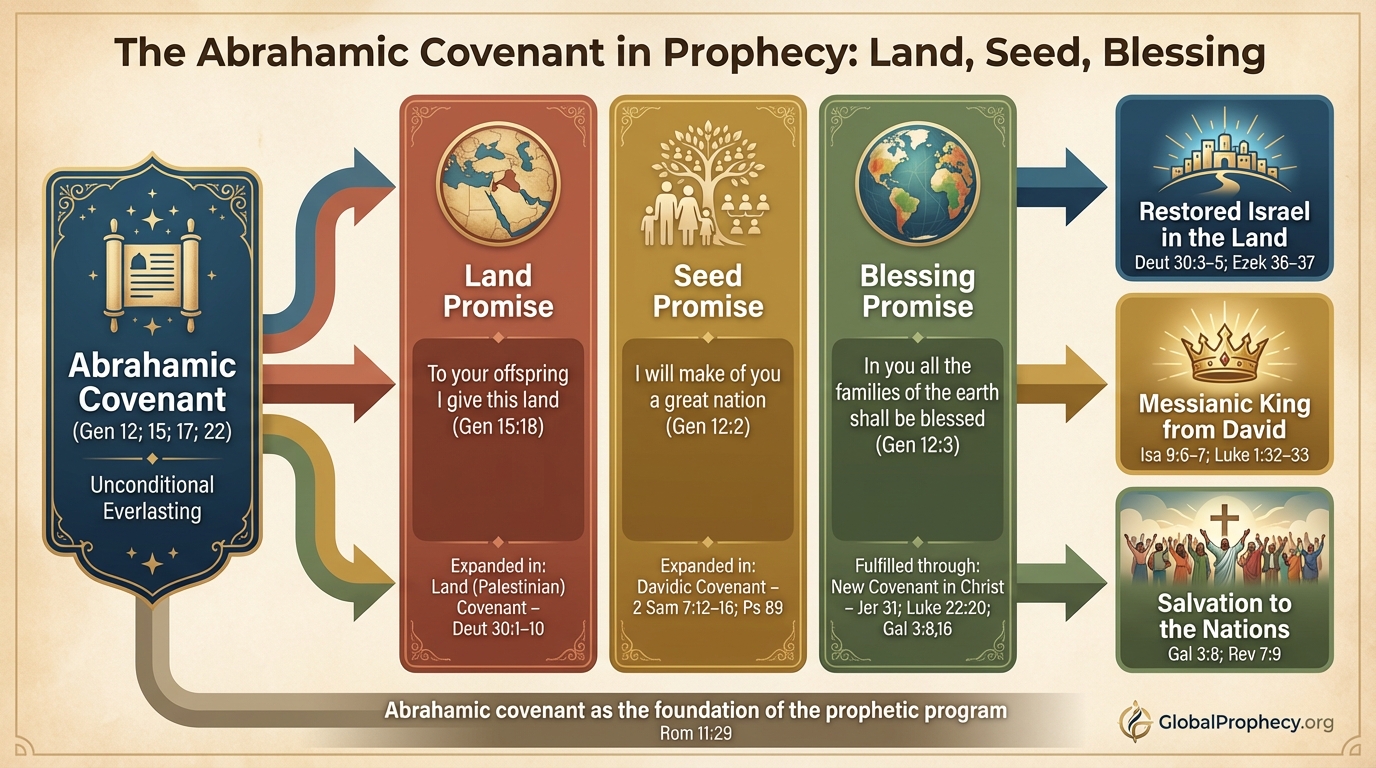 Infographic showing Abrahamic covenant promises of land, seed, and blessing and their prophetic outworking.