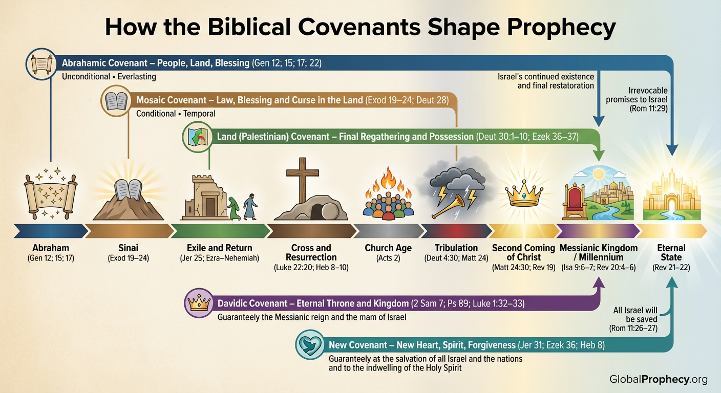Diagram integrating Abrahamic, Mosaic, Land, Davidic, and New Covenants in a prophetic timeline.