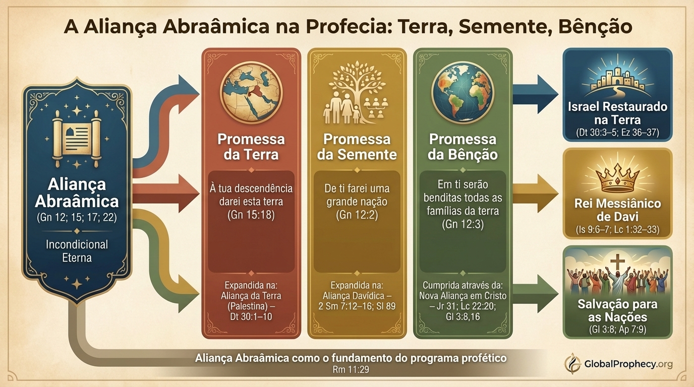 Infográfico mostrando as promessas do pacto abraâmico de terra, descendência e bênção e sua realização profética.