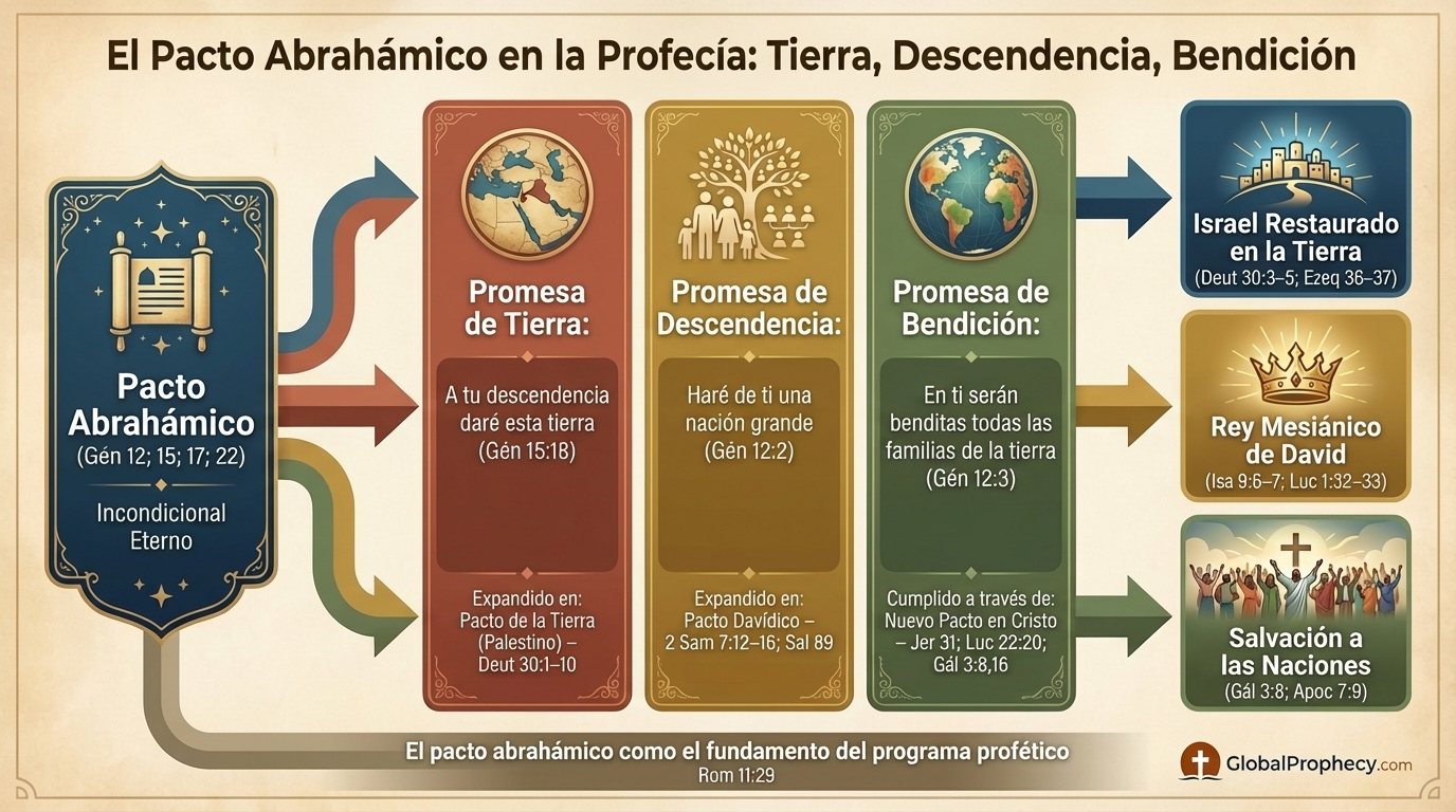 Infografía que muestra las promesas del pacto abrahámico de tierra, descendencia y bendición, y su cumplimiento profético.