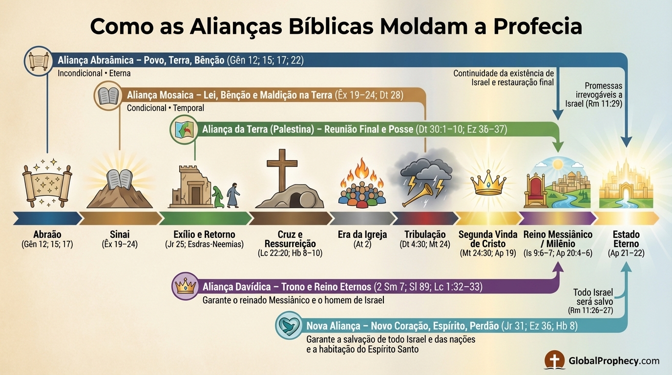 Diagrama integrando os Pactos Abraâmico, Mosaico, da Terra, Davídico e Novo em uma linha do tempo profética.