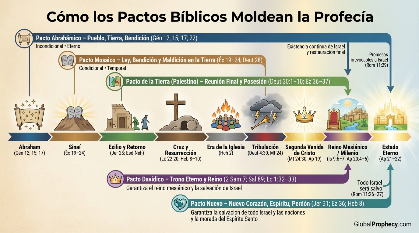 Diagrama que integra los Pactos Abrahámico, Mosaico, de la Tierra, Davidico y Nuevo en una línea de tiempo profética.