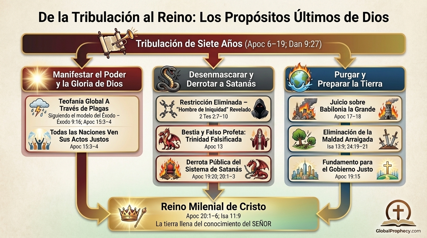 Diagrama de flujo desde los propósitos de la Tribulación hasta el reino milenario de Cristo y la gloria de Dios.