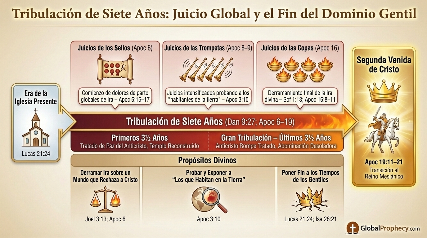 Línea de tiempo infográfica de la Tribulación de siete años como juicio global y el fin del dominio gentil.