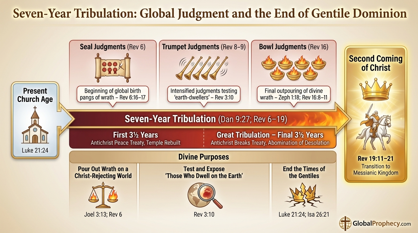 Infographic timeline of the seven-year Tribulation as global judgment and the end of Gentile dominion.