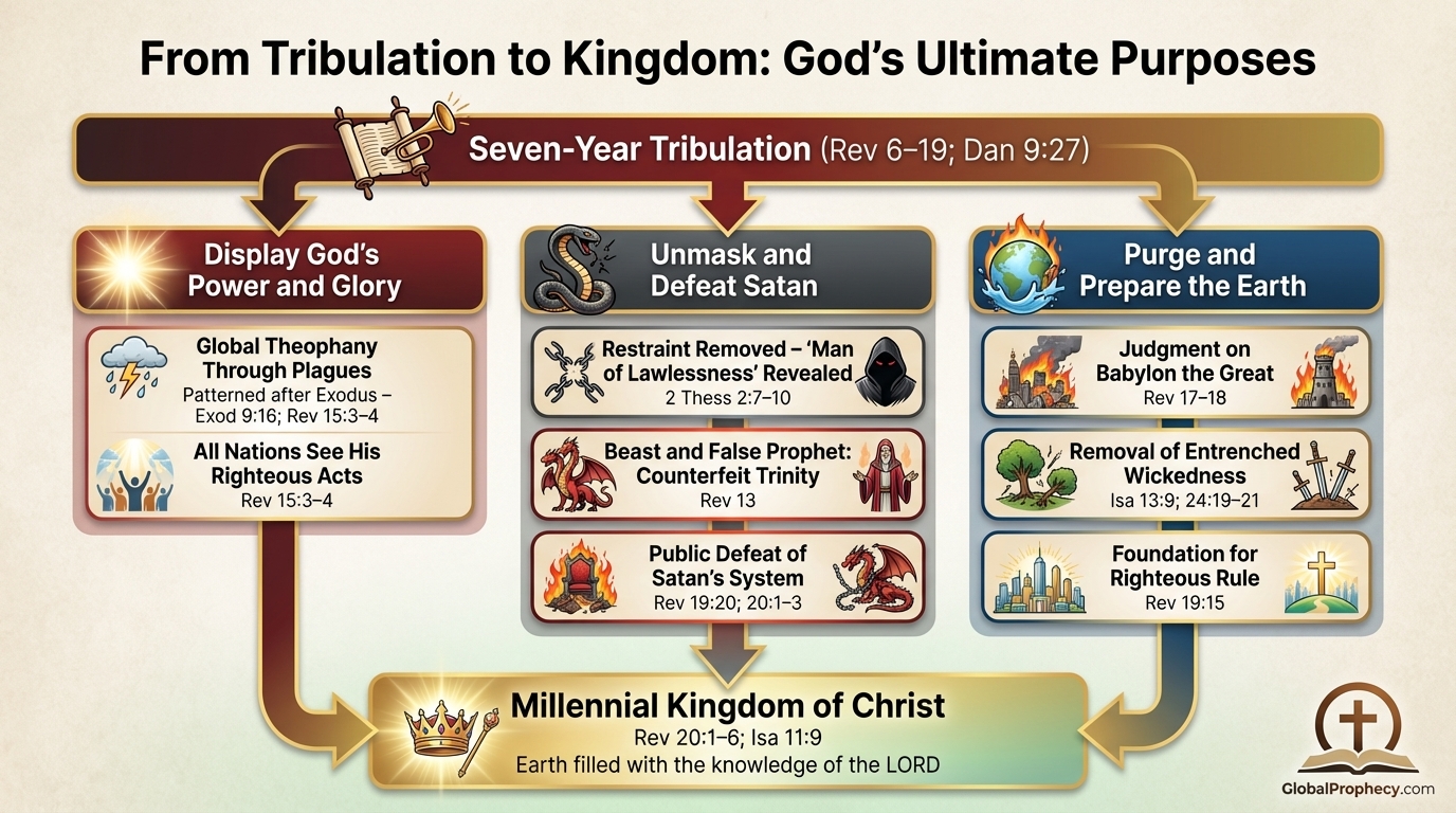 Flow diagram from Tribulation purposes to Christâs millennial kingdom and Godâs glory.