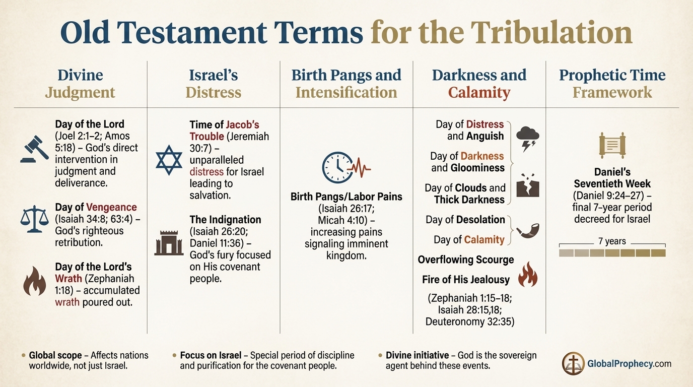 Infographic grouping Old Testament names for the tribulation by theme and key emphasis.