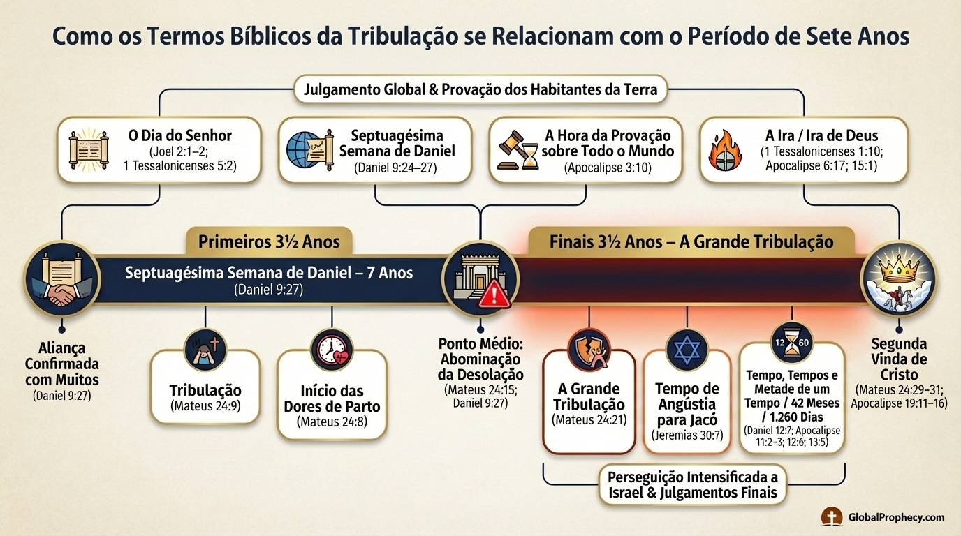 Infográfico cronológico mostrando como vários termos de tribulação bíblica se relacionam com o período de sete anos.