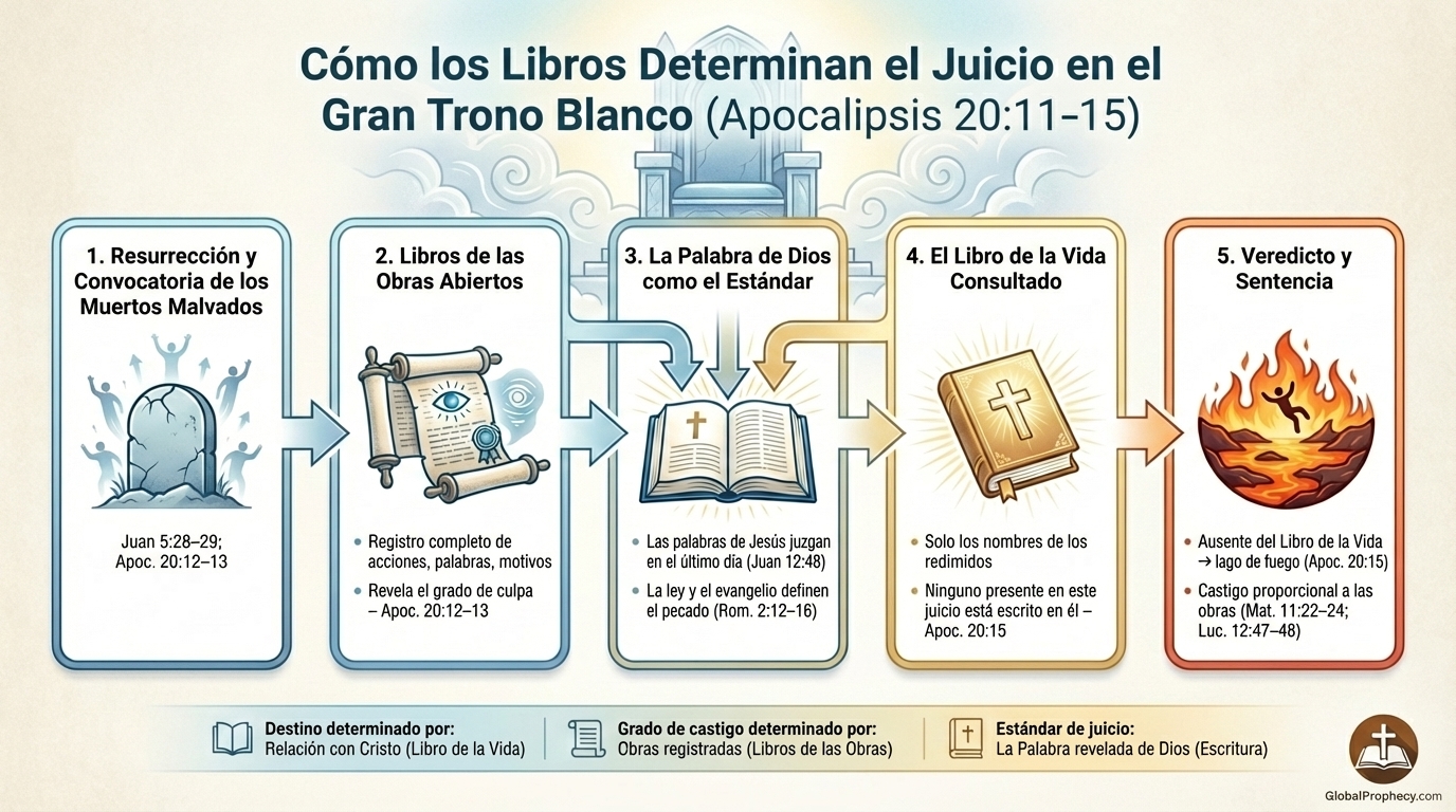 Diagrama de flujo que muestra las cinco etapas del Gran Juicio del Trono Blanco y cómo los libros determinan el juicio final.