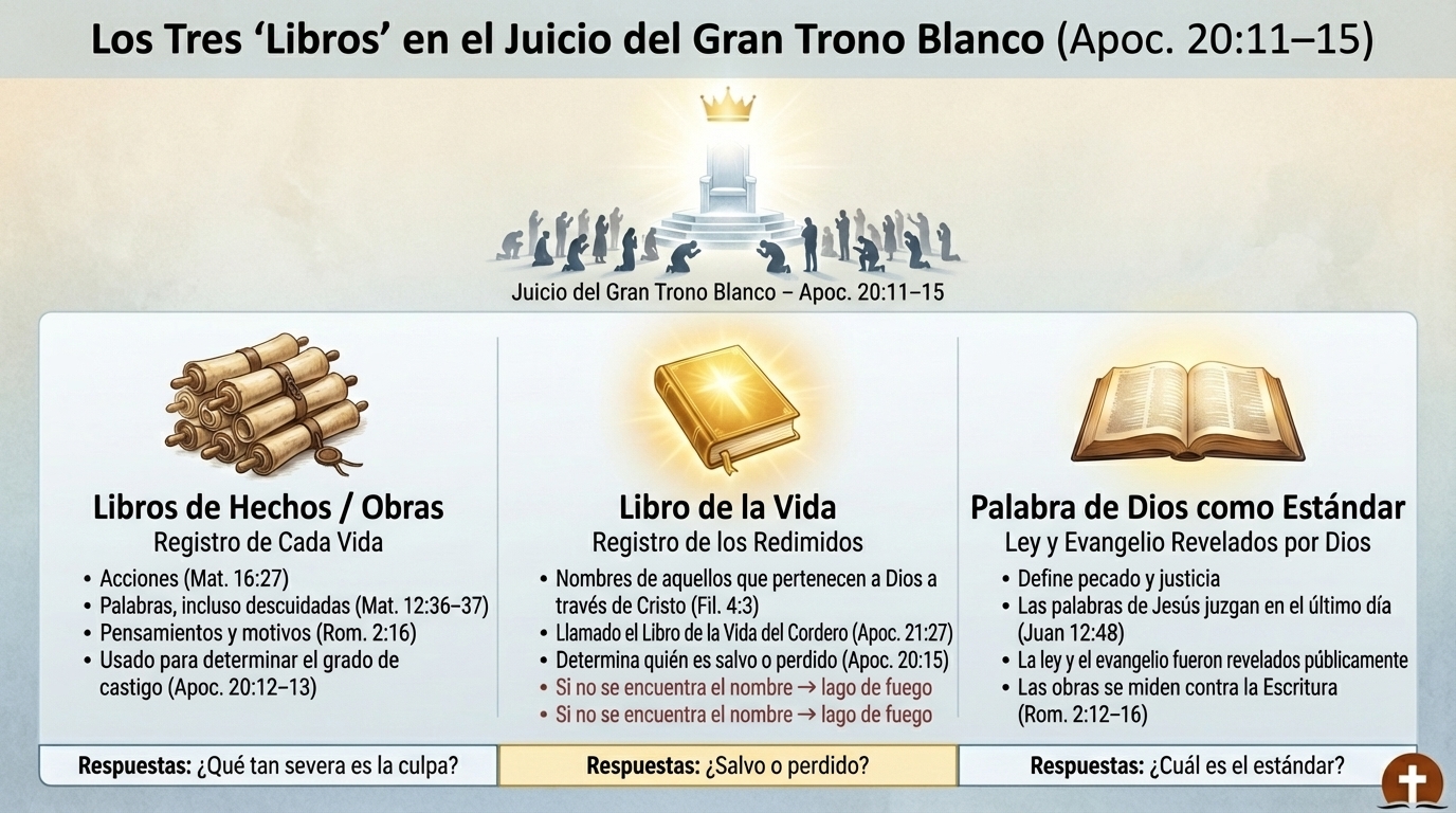 Infografía comparando el libro de obras, el Libro de la Vida y la Palabra de Dios en el Gran Trono Blanco.