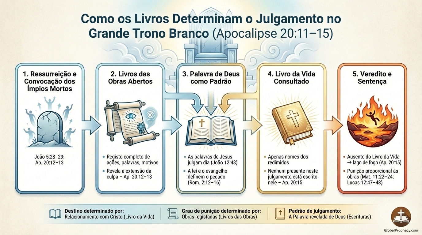 Fluxograma mostrando os cinco estágios do Grande Julgamento do Trono Branco e como os livros determinam o julgamento final.