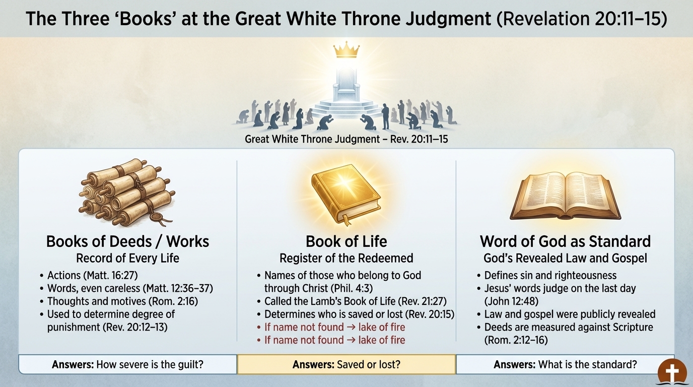 Infographic comparing the books of deeds, Book of Life, and Word of God at the Great White Throne.