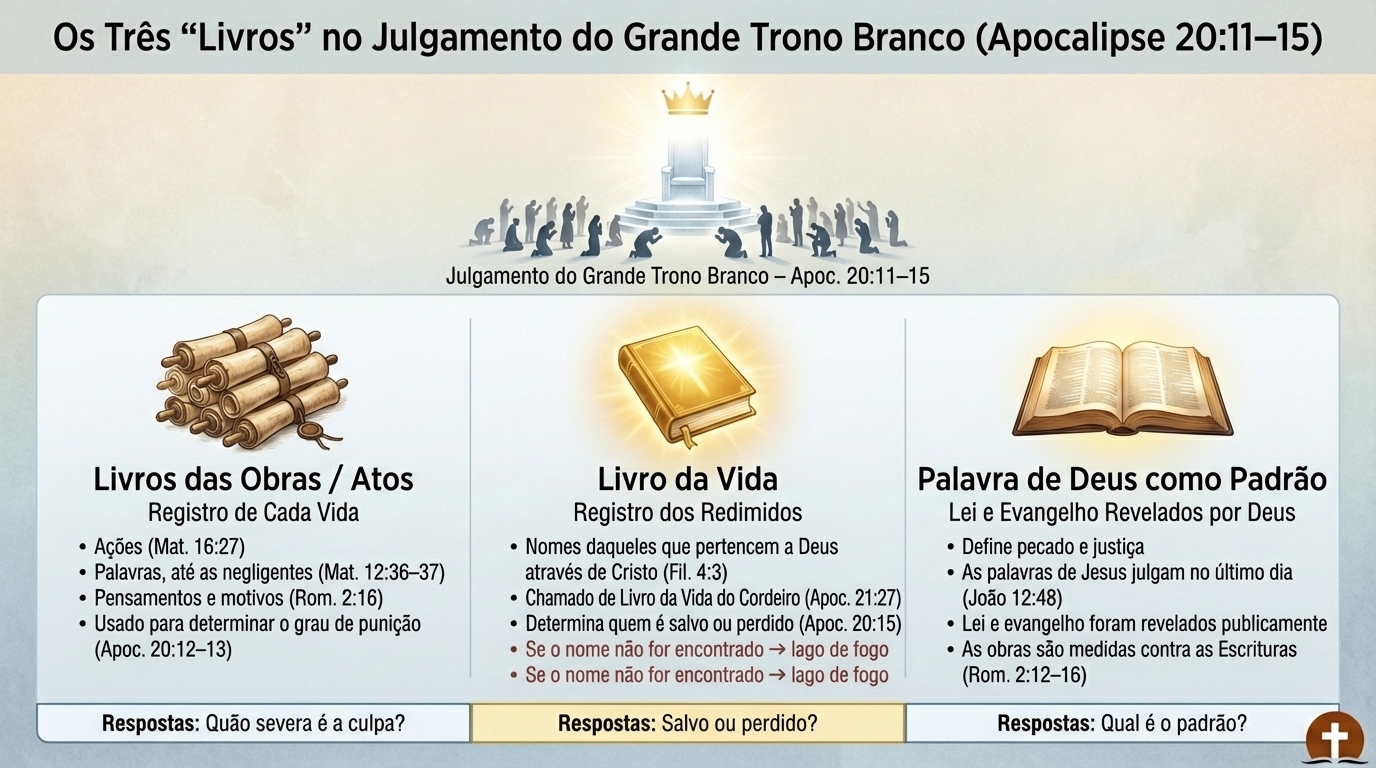 Infográfico comparando os livros de obras, Livro da Vida e Palavra de Deus no Grande Trono Branco.