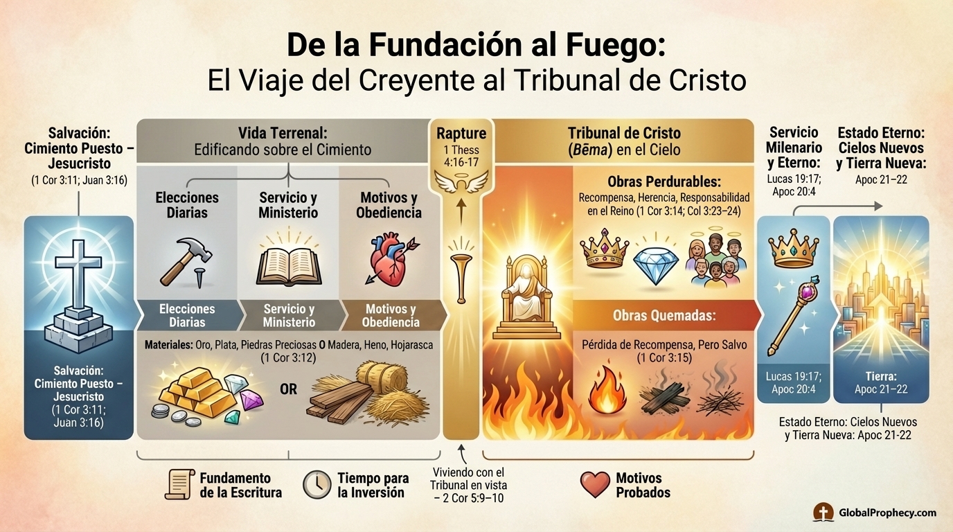 Línea de tiempo infográfica del camino de un creyente desde la salvación hasta el Tribunal de Cristo y las recompensas eternas.