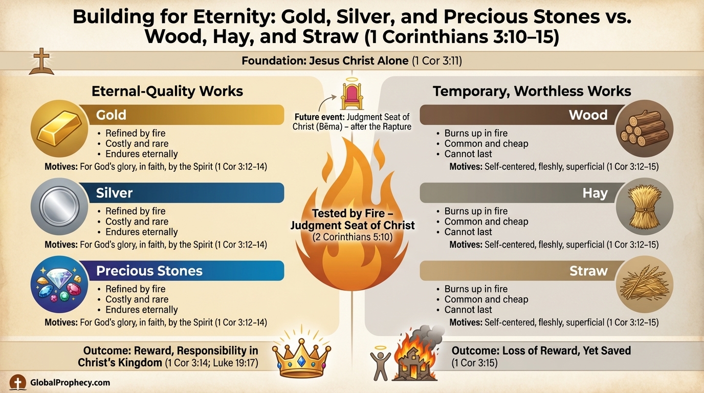 Infographic contrasting eternal-quality works with temporary works at the Judgment Seat of Christ.