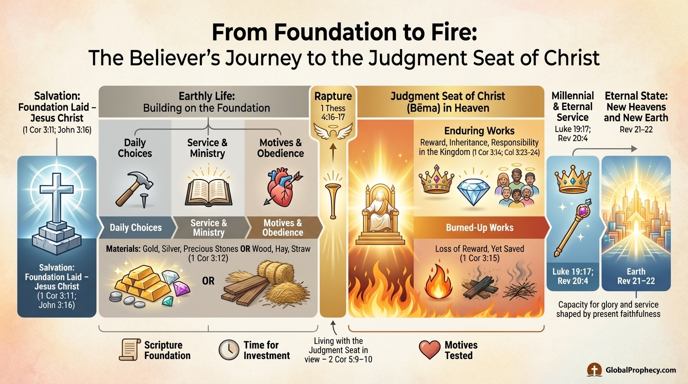 Infographic timeline of a believer’s path from salvation to the Judgment Seat of Christ and eternal rewards.