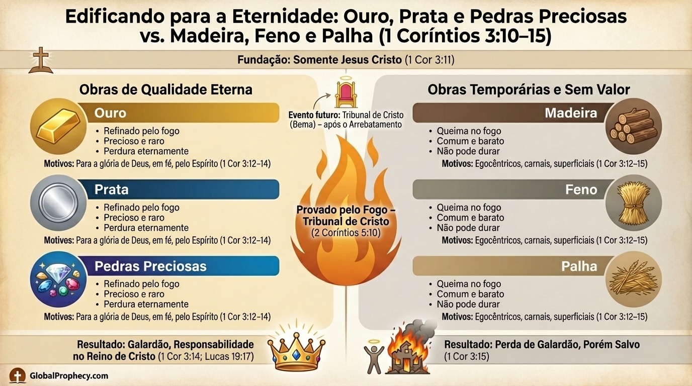 Infográfico contrastando obras de qualidade eterna com obras temporárias no Tribunal de Cristo.