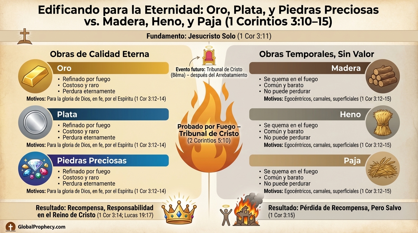Infografía que contrasta obras de calidad eterna con obras temporales en el Tribunal de Cristo.