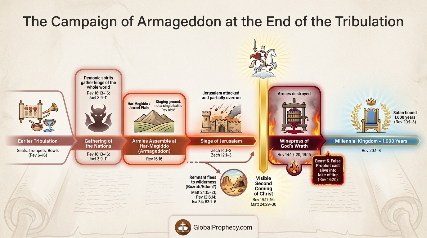 Infographic timeline of the Campaign of Armageddon at the end of the Tribulation.