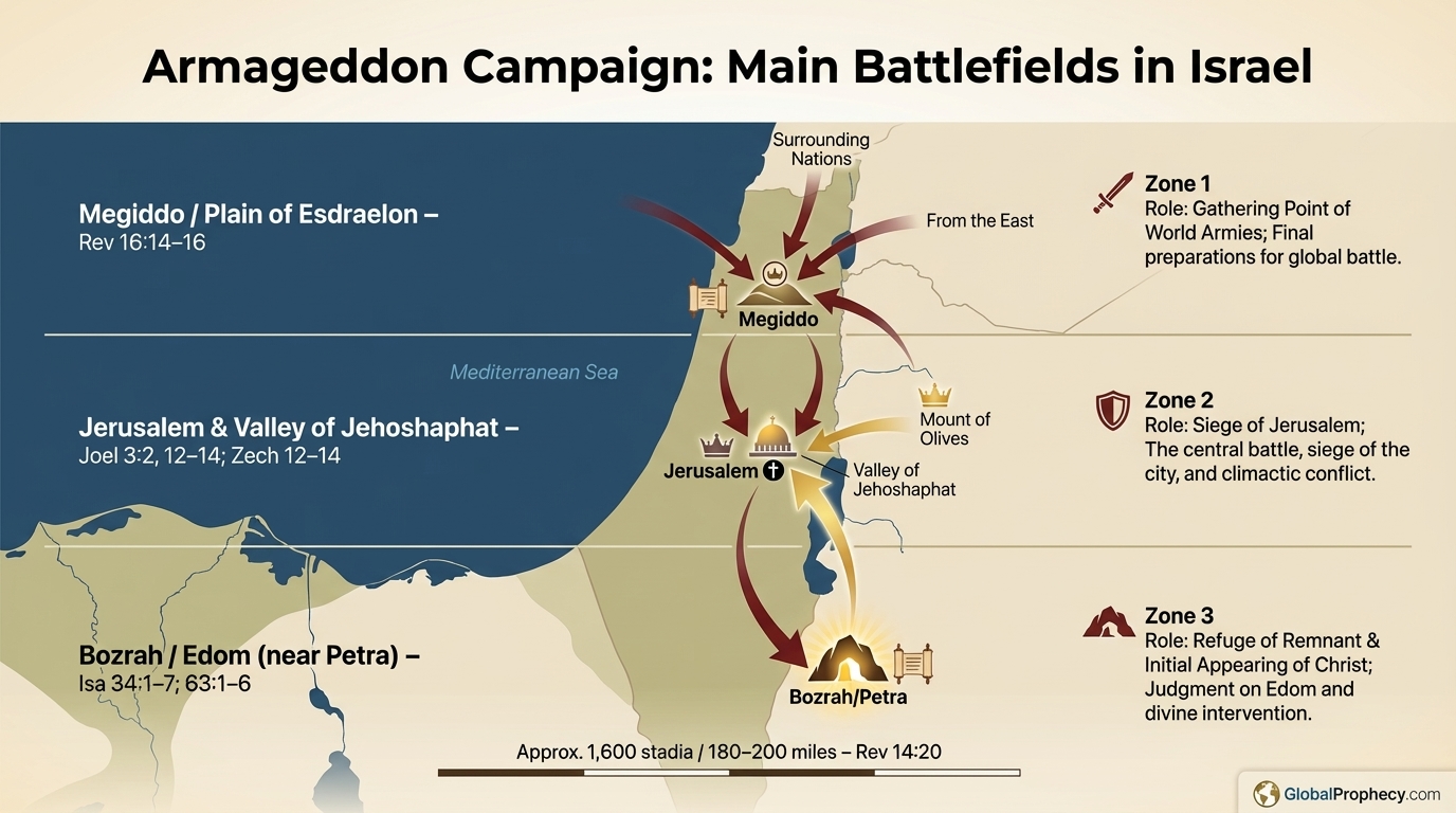 Infographic map of Armageddon campaign battlefields from Megiddo to Jerusalem to Bozrah.