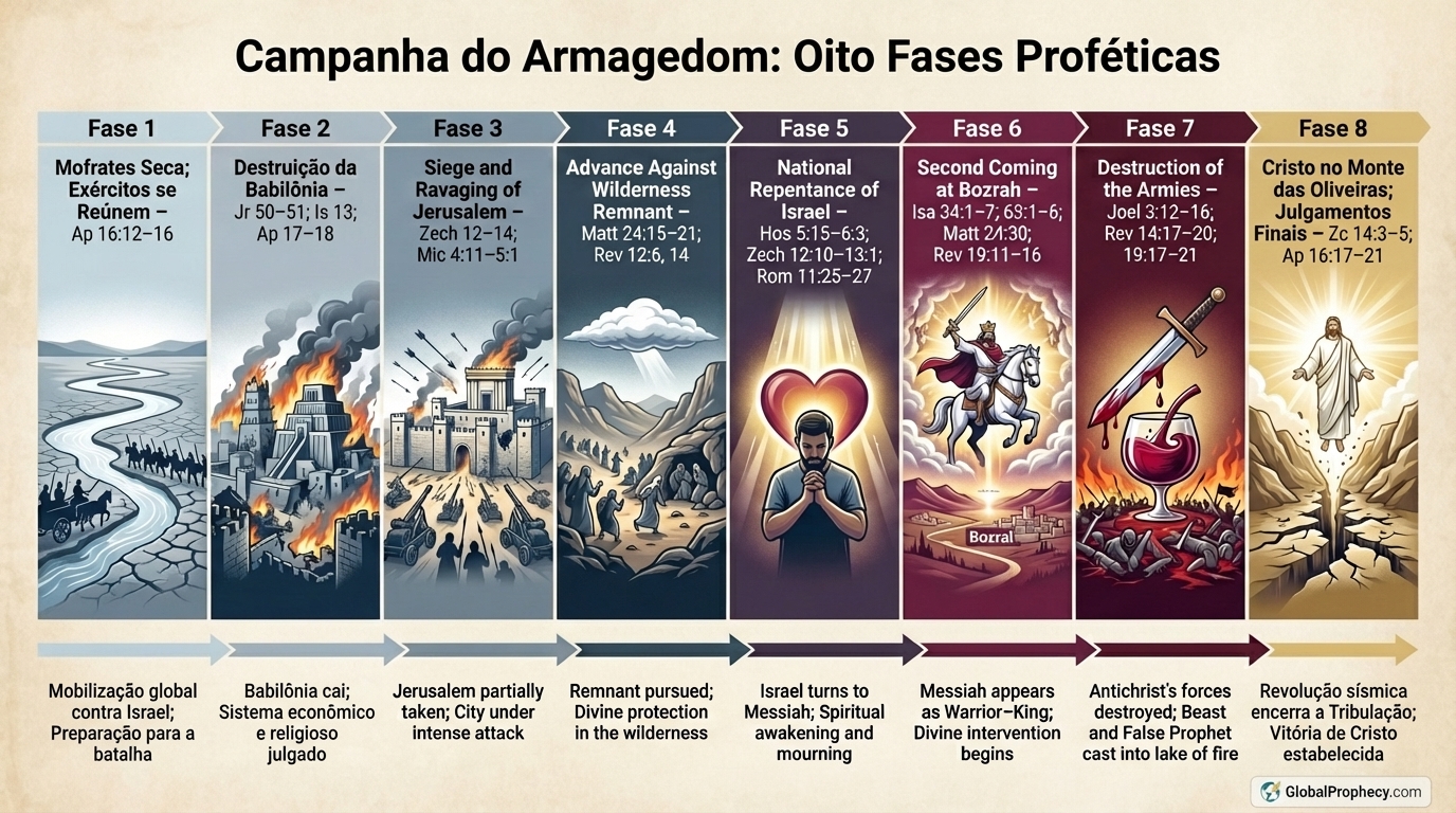 Linha do tempo infográfica das oito fases proféticas na campanha do Armagedom.