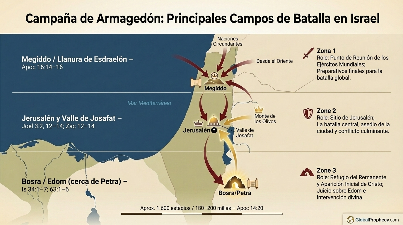Mapa infográfico de los campos de batalla de la campaña del Armagedón desde Megiddo hasta Jerusalén y Bozrah.