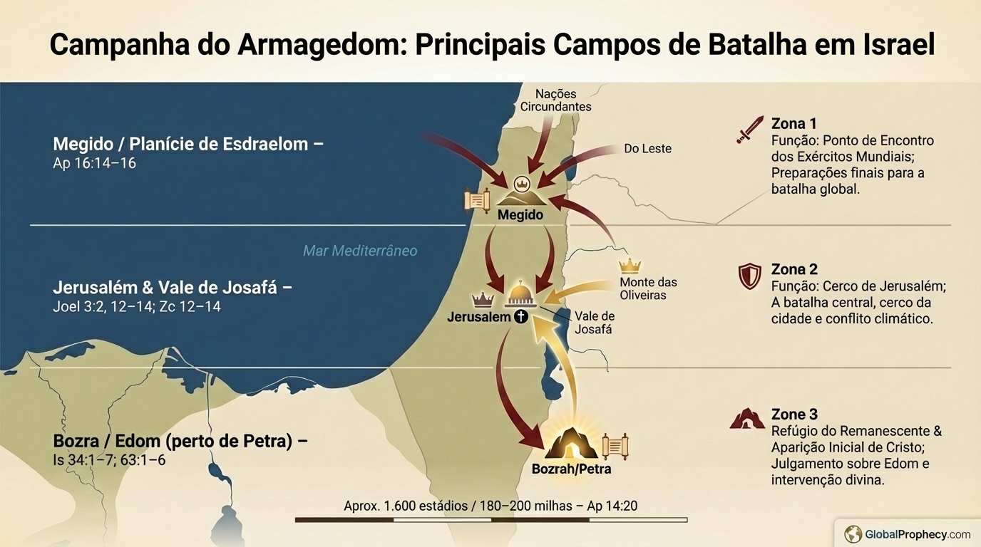Mapa infográfico dos campos de batalha da campanha do Armageddon de Megido a Jerusalém até Bozra.