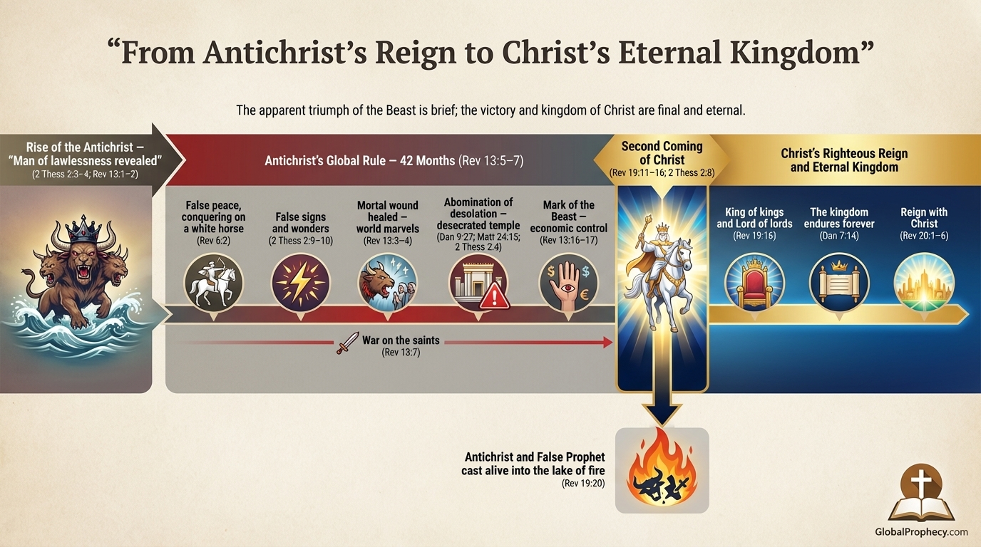 Prophetic timeline contrasting Antichrist’s brief reign with Christ’s return and eternal kingdom.