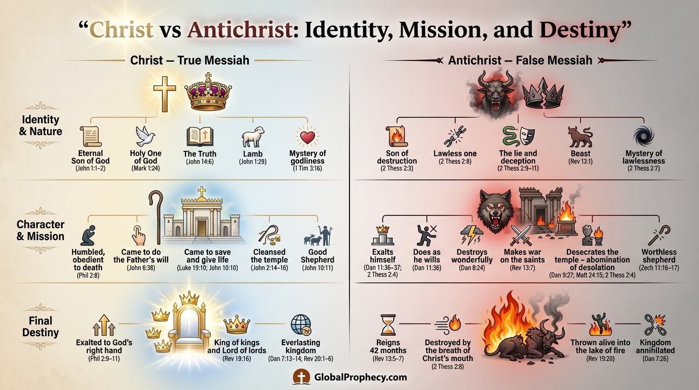Infographic comparing Christ and Antichrist in identity, mission, and destiny with verses.