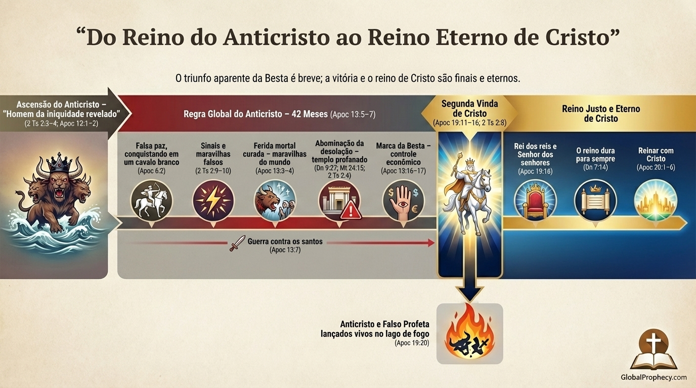 Linha do tempo profética contrastando o breve reinado do Anticristo com o retorno de Cristo e o reino eterno.