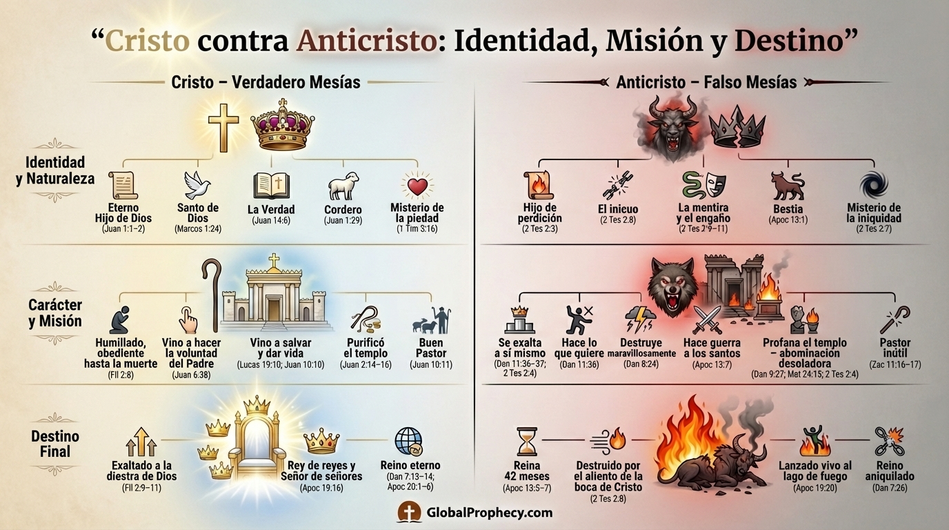 Infografía que compara a Cristo y al Anticristo en identidad, misión y destino con versículos.