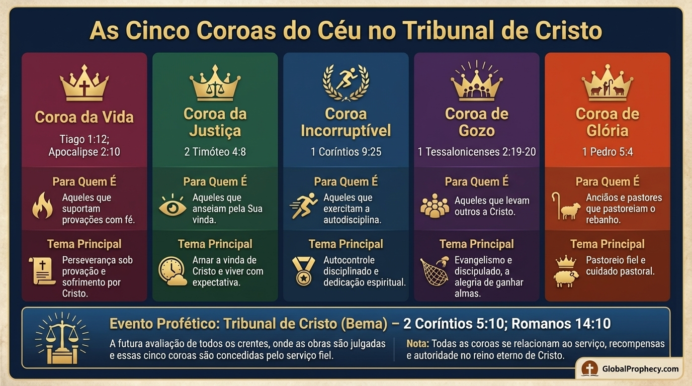 Infográfico comparando as cinco coroas do céu, suas escrituras e o que cada uma recompensa.