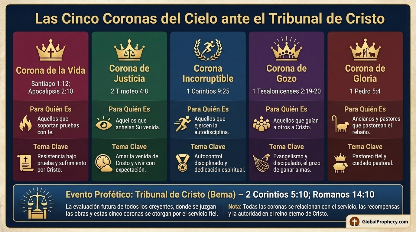 Infografía comparativa de las cinco coronas del cielo, sus escrituras y las recompensas de cada una.