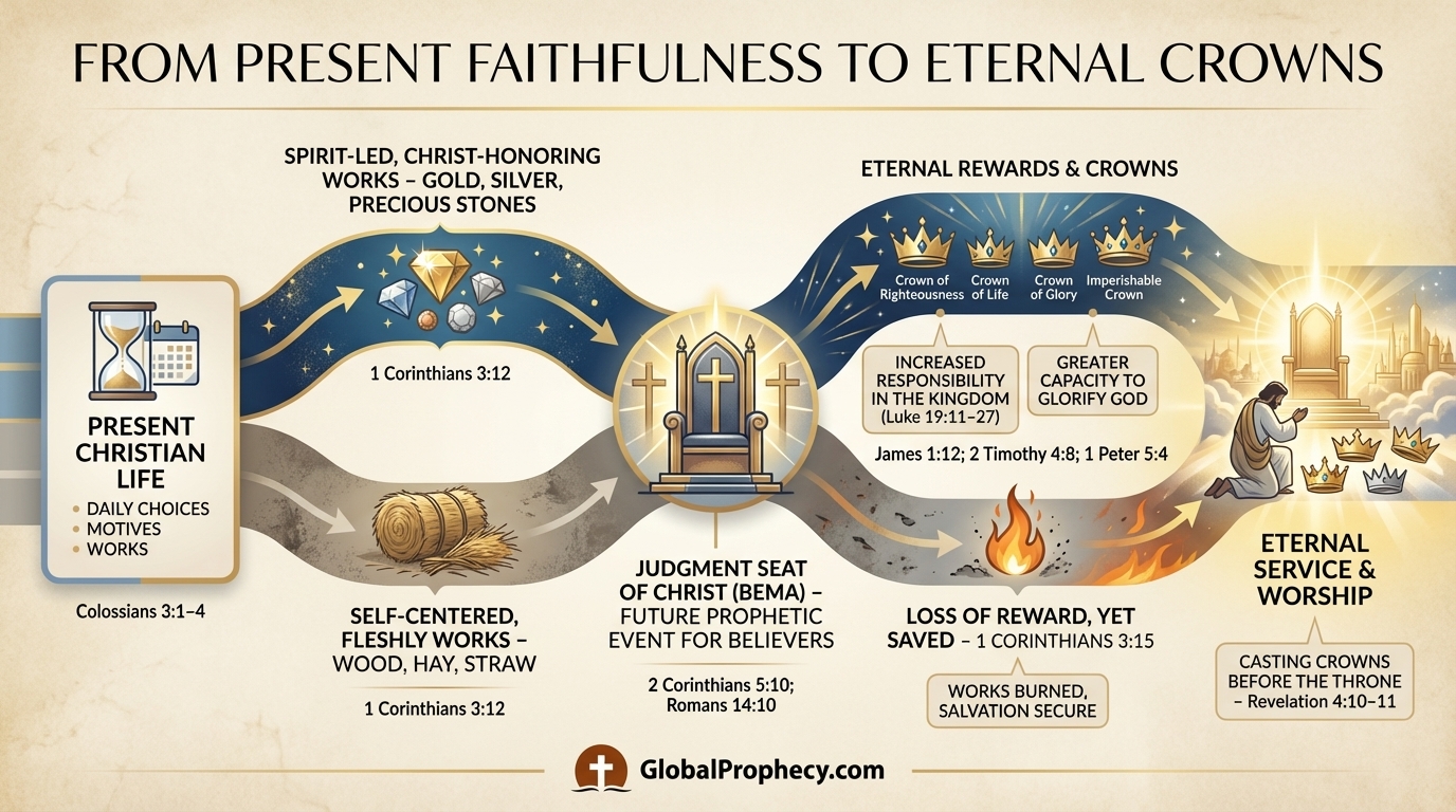 Flow diagram of the believer’s path from present life to eternal rewards and crowns.