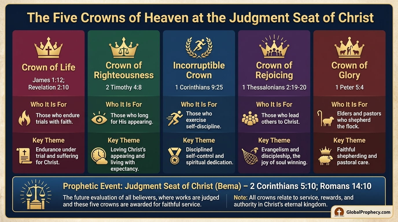 Infographic comparing the five crowns of heaven, their scriptures, and what each rewards.