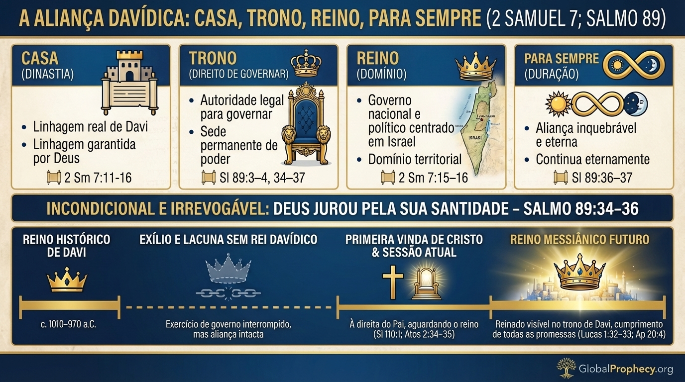 Infográfico explicando as promessas da Aliança Davídica de casa, trono, reino e eternidade, com versículos-chave da Bíblia.