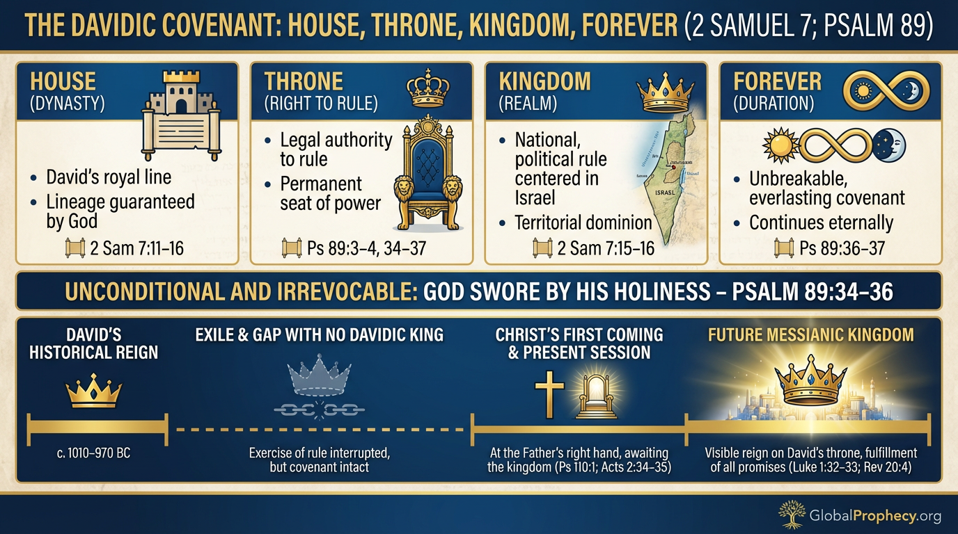 Infographic explaining the Davidic Covenant promises of house, throne, kingdom, and forever with key Bible texts.