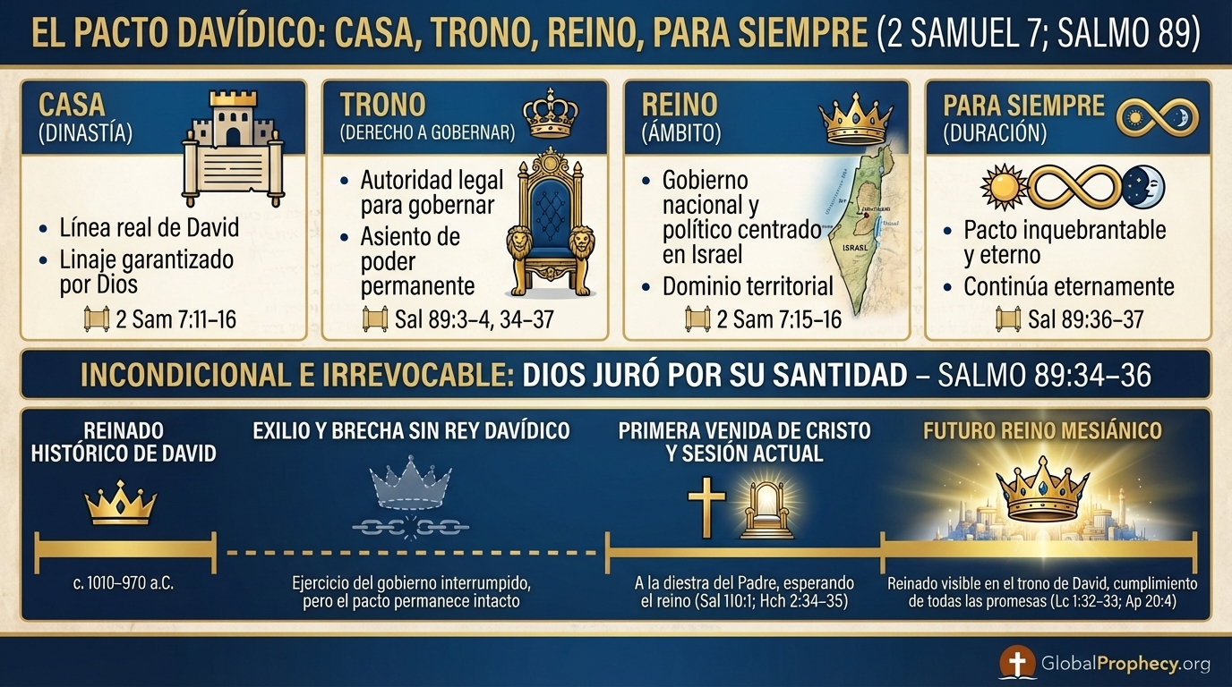 Infografía que explica las promesas del Pacto Davidico sobre casa, trono, reino y eternidad, con textos bíblicos clave.
