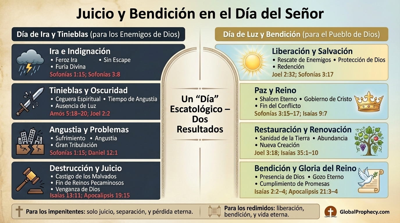 Infografía que compara el juicio y la bendición como dos caras del Día del Señor.
