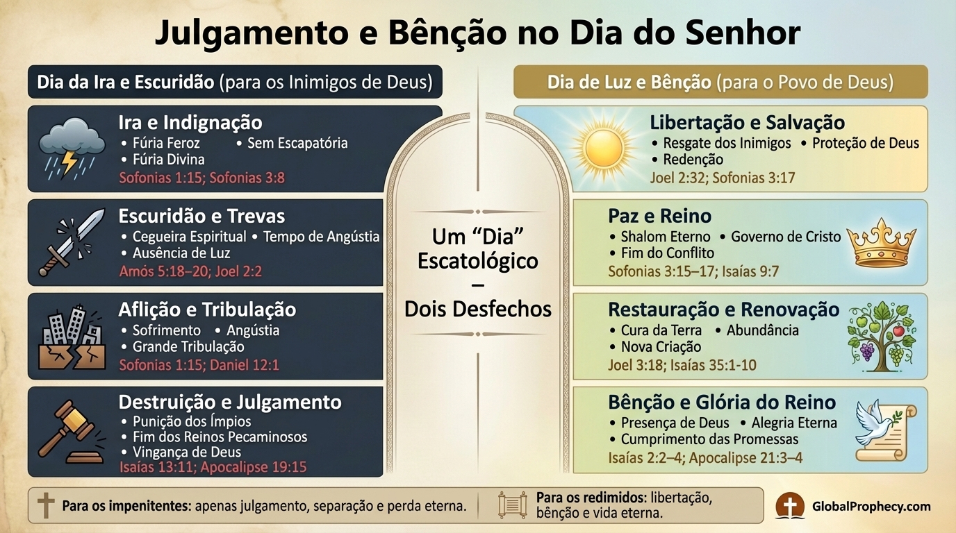 Infográfico comparando julgamento e bênção como dois lados do Dia do Senhor.