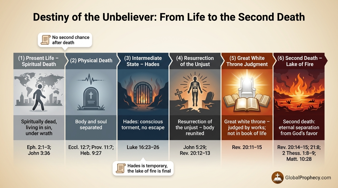 Infographic timeline of the unbeliever's path from spiritual death to the second death.