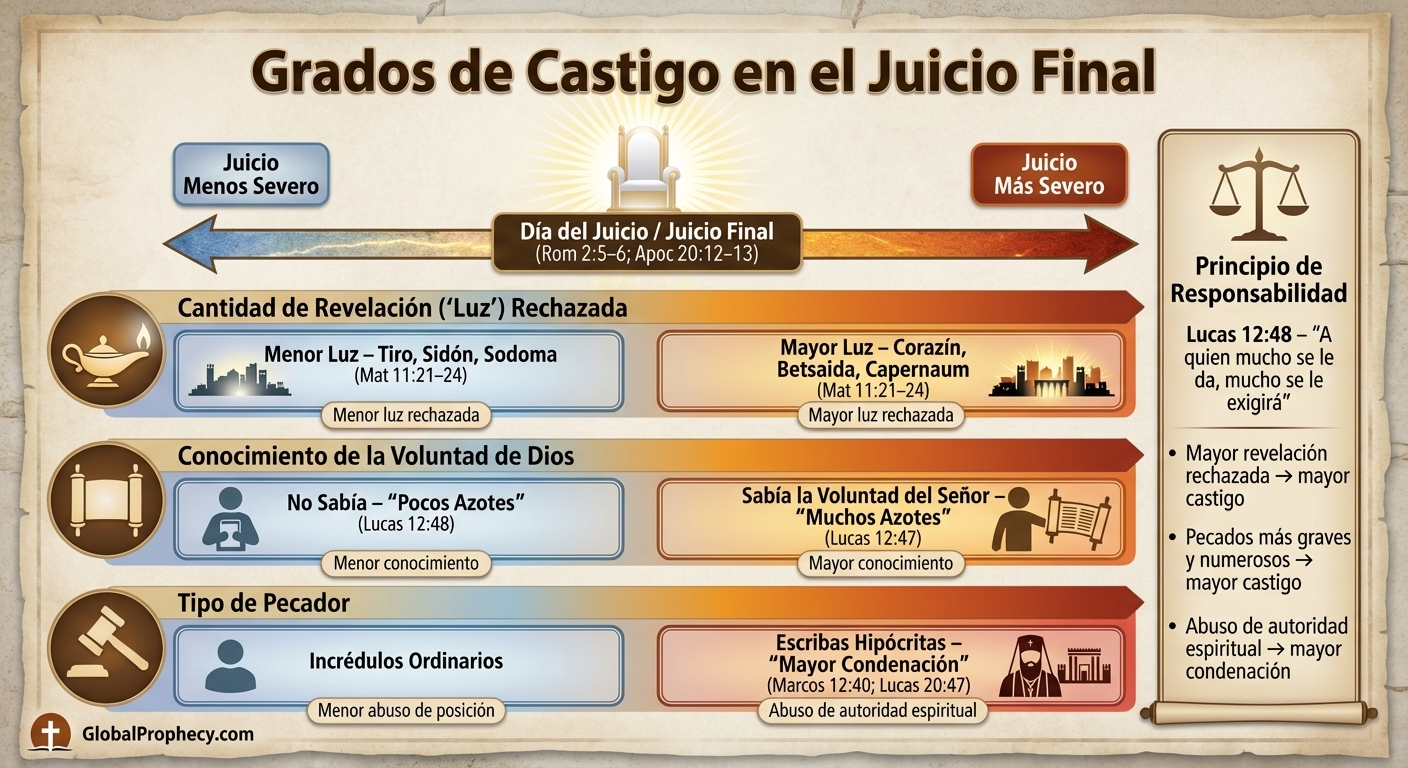 Infografía que compara los grados de castigo en el juicio final según las acciones y las obras.