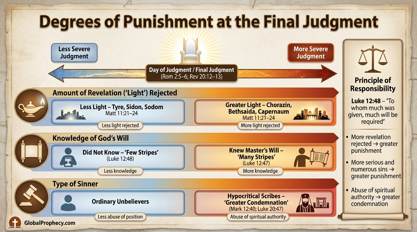 Infographic comparing degrees of punishment at the final judgment based on light and deeds.