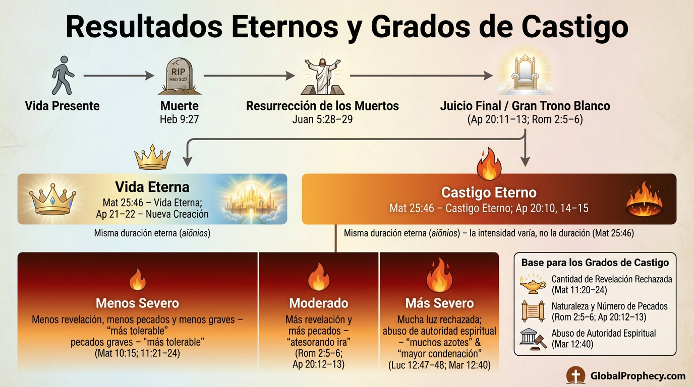 Infografía que muestra la vida eterna y el castigo eterno con diferentes grados de castigo.