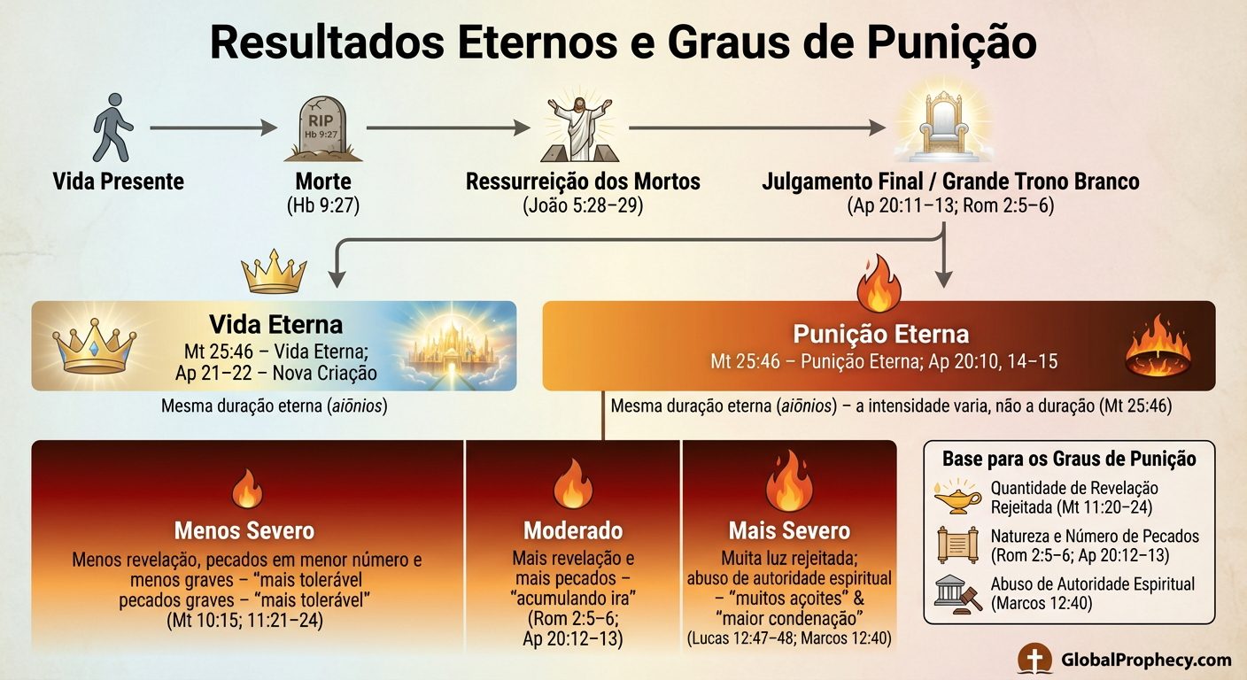 Infográfico mostrando a vida eterna e a punição eterna com graus variados de punição.