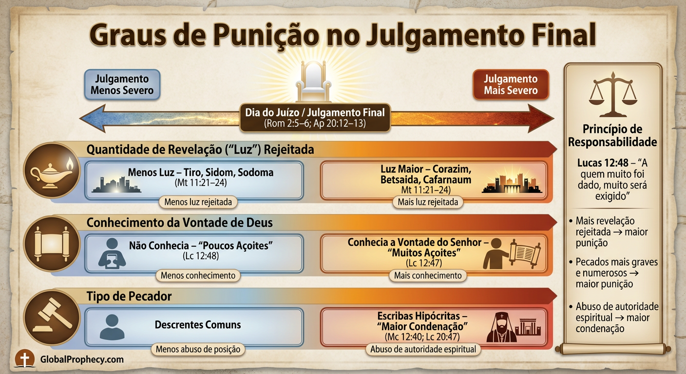 Infográfico comparando graus de punição no julgamento final com base em ações e obras.