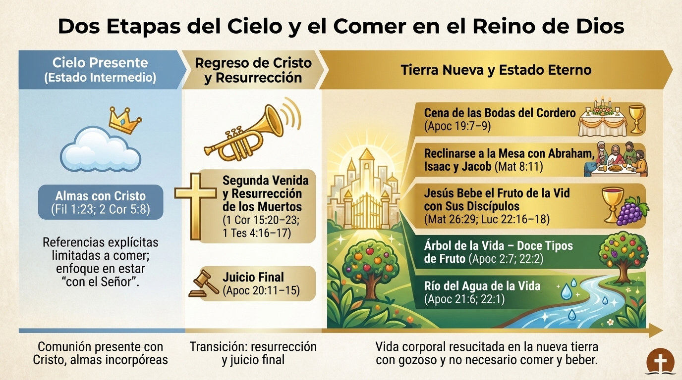 Infografía que compara el cielo presente y la nueva tierra futura en relación con lo que las Escrituras dicen sobre comer y beber.