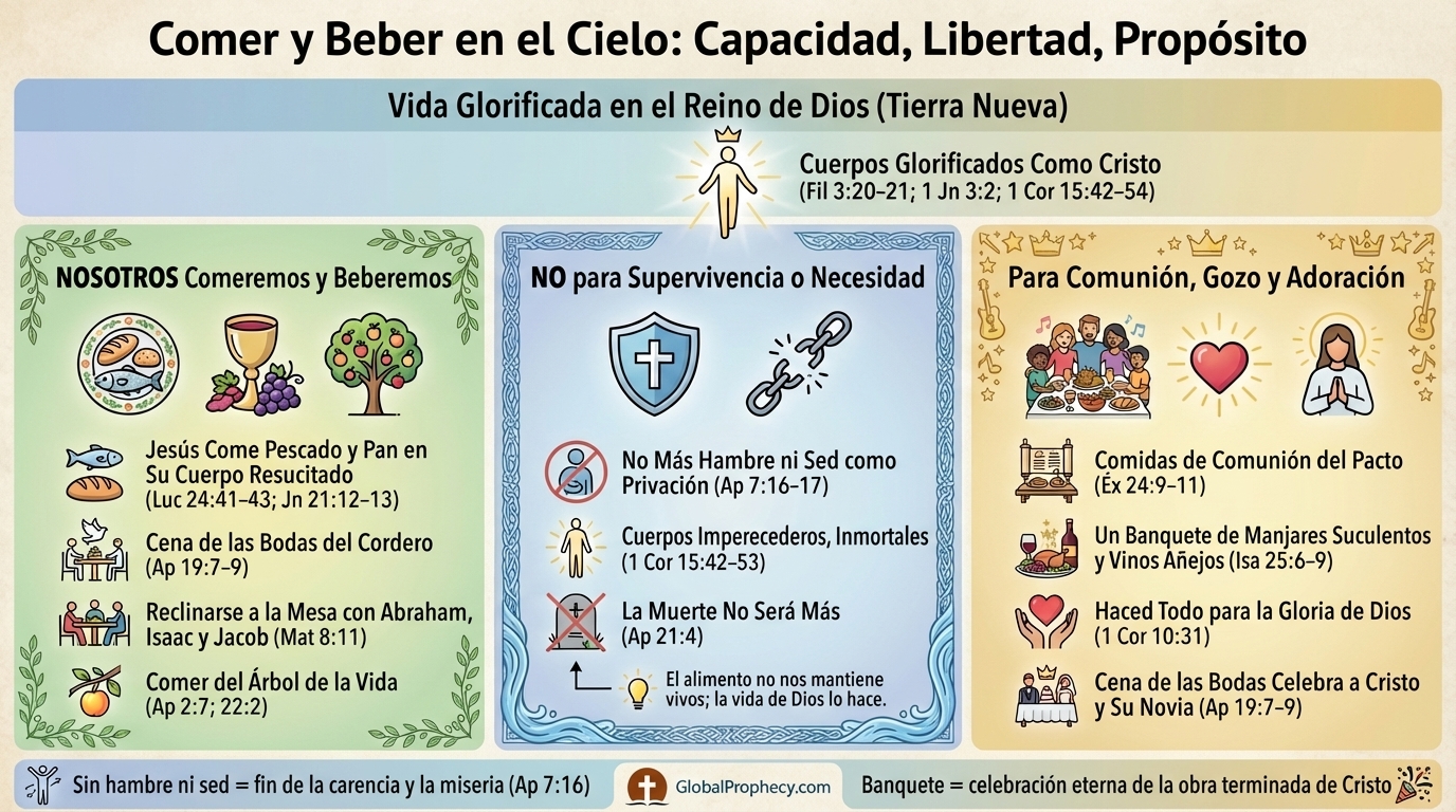 Diagrama que explica que comer en el cielo es posible pero no necesario, destacando la alegría, la comunión y la adoración.