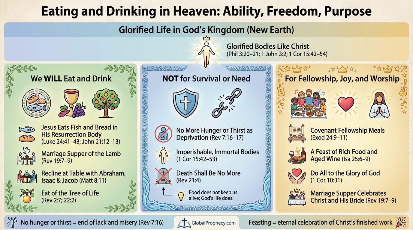 Diagram explaining that eating in heaven is possible but not necessary, highlighting joy, fellowship, and worship.